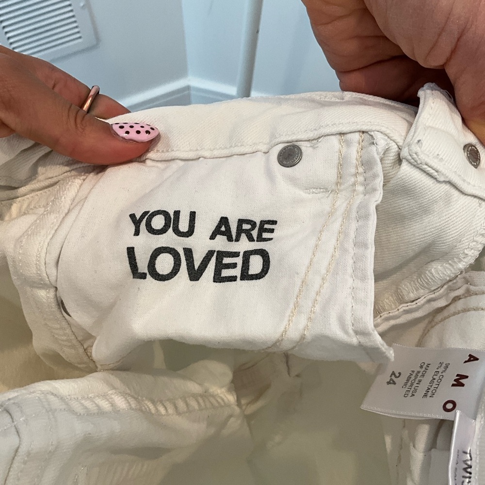 AMO White Jeans with 'YOU ARE LOVED' Embroidery